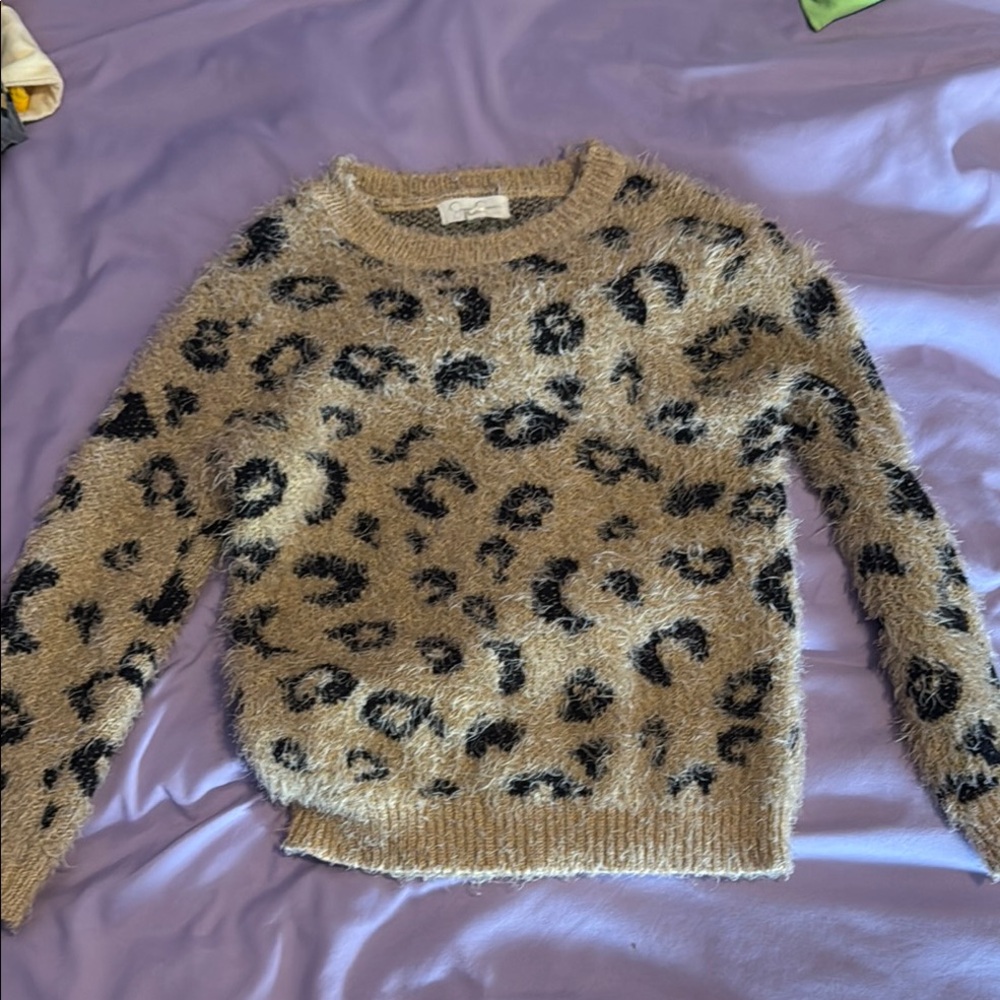 Jessica Simpson Tan and Black Leopard Crew Neck Sweater